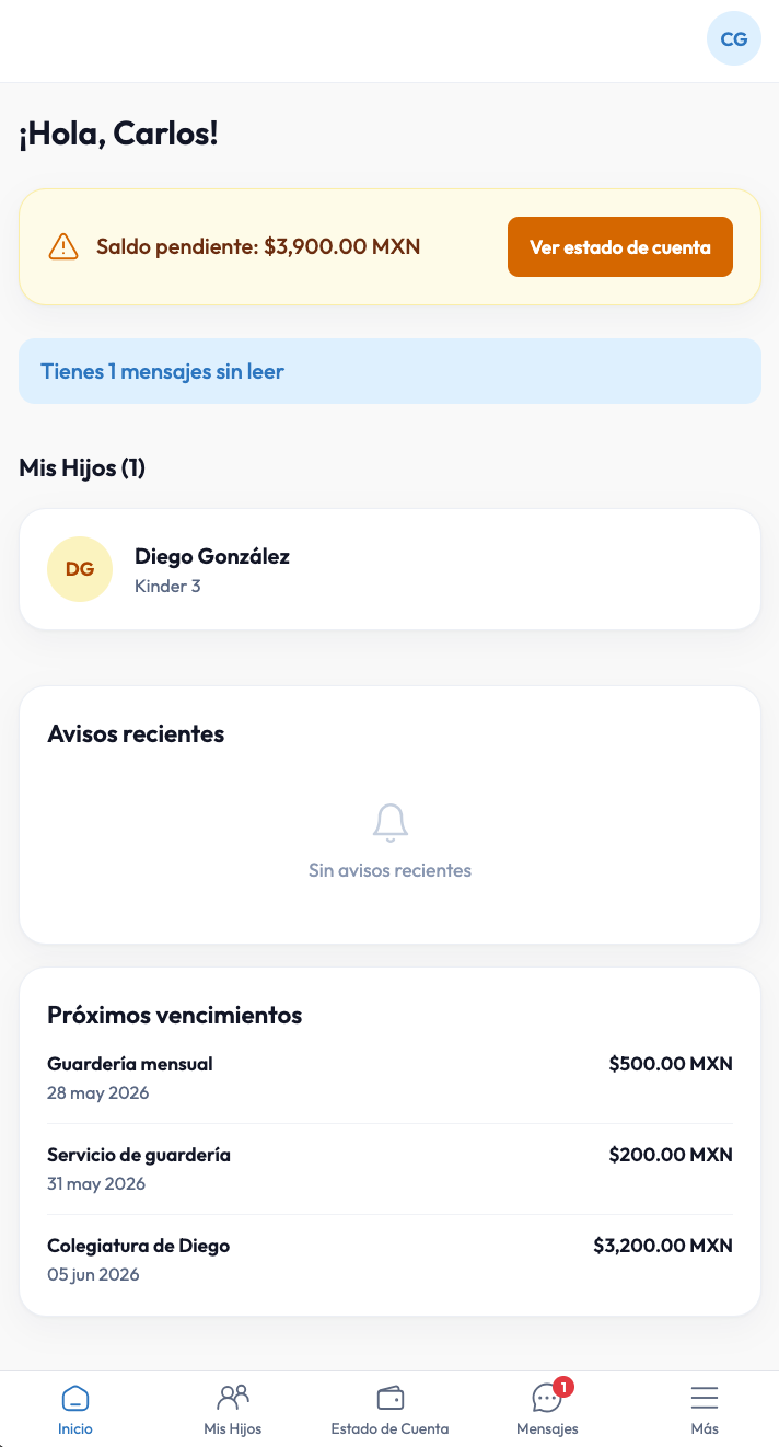 Portal de padres en celular con estado de cuenta, calificaciones y check-in del daycare.